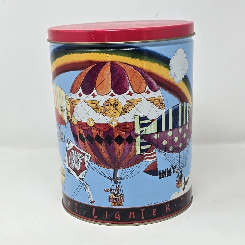 Vtg trail's end‎ air race hot air balloon popcorn tin storage box bin